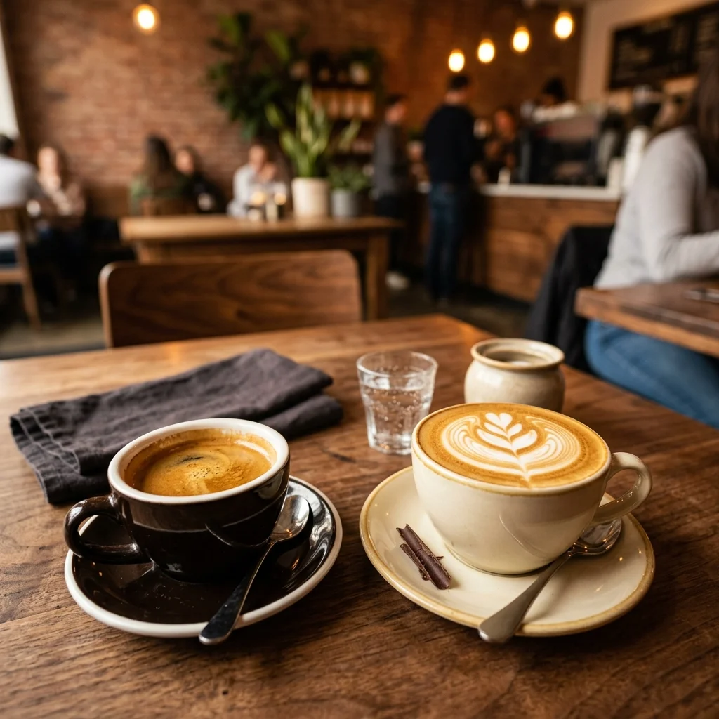 Tazzina di espresso e tazza di cappuccino con latte art